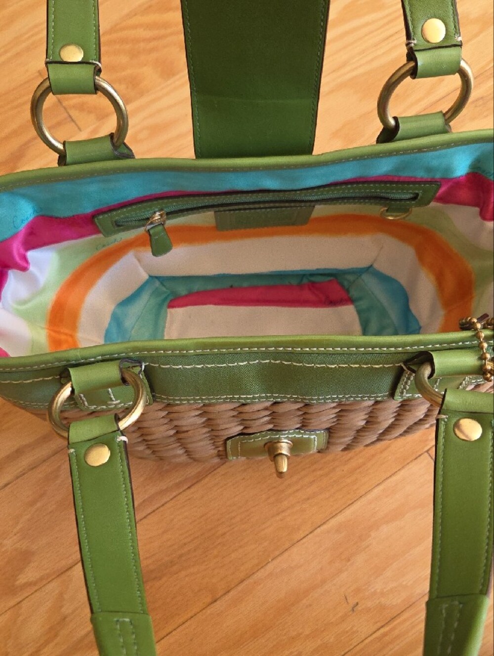 Coach Legacy Woven Straw Basket Tote With Green Trim - Picture 8 of 16